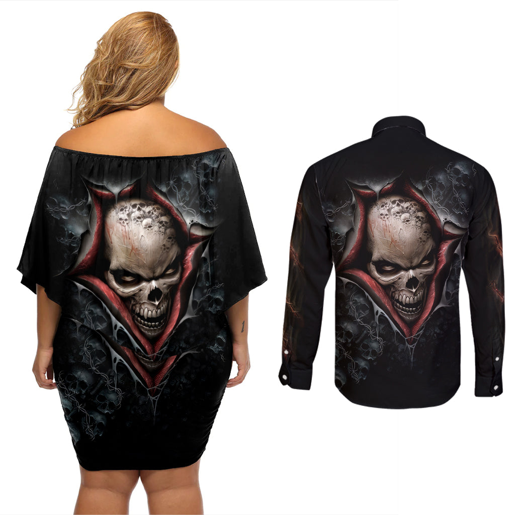 Skull Couples Matching Off Shoulder Short Dress and Long Sleeve Button Shirts Skeleton Ripped inside - Wonder Print Shop