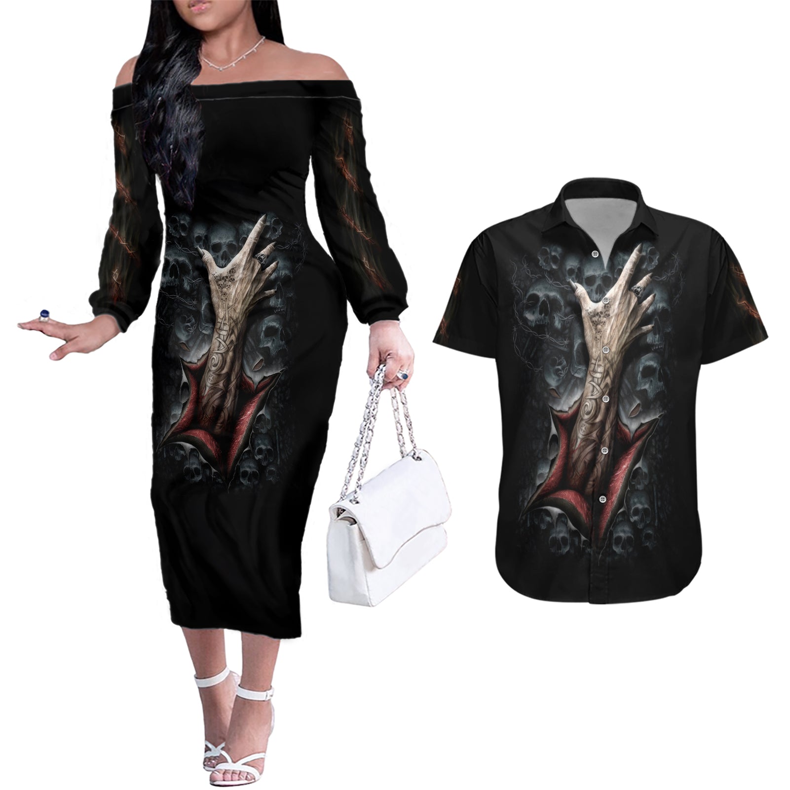 Skull Couples Matching Off The Shoulder Long Sleeve Dress and Hawaiian Shirt Skeleton Ripped inside - Wonder Print Shop