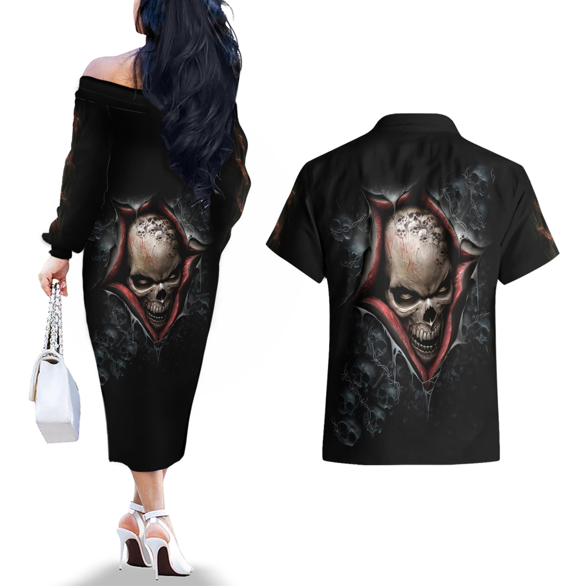 Skull Couples Matching Off The Shoulder Long Sleeve Dress and Hawaiian Shirt Skeleton Ripped inside - Wonder Print Shop