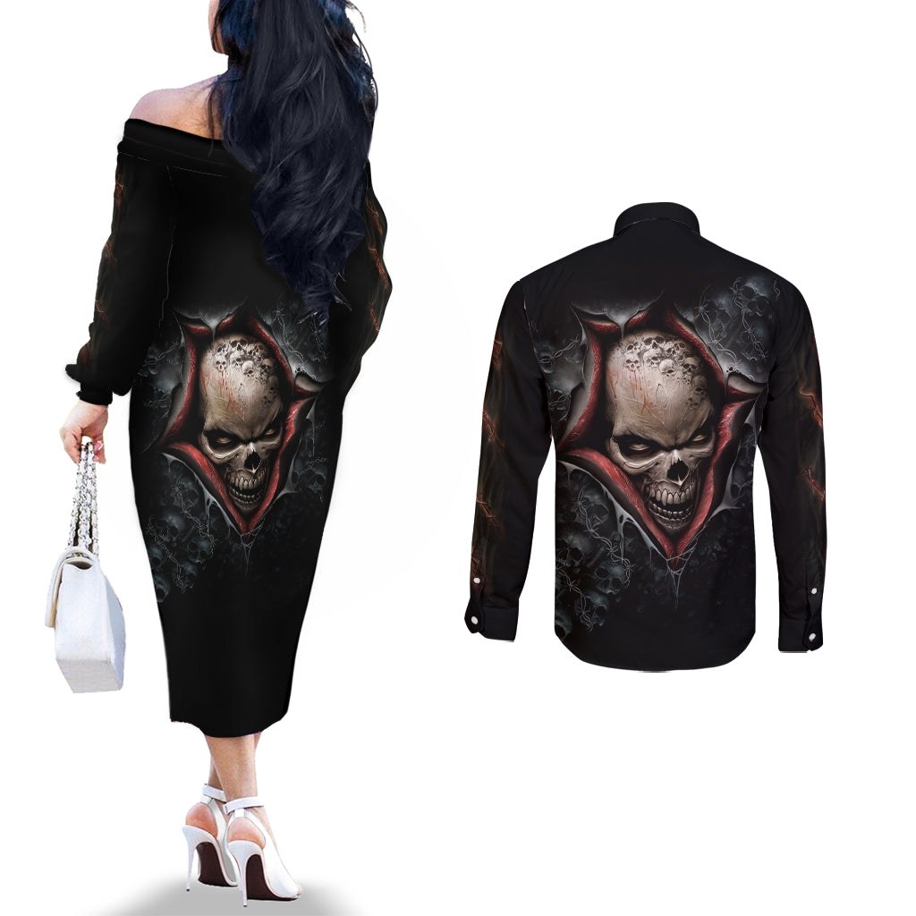 Skull Couples Matching Off The Shoulder Long Sleeve Dress and Long Sleeve Button Shirts Skeleton Ripped inside DT01