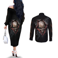 Skull Couples Matching Off The Shoulder Long Sleeve Dress and Long Sleeve Button Shirts Skeleton Ripped inside DT01