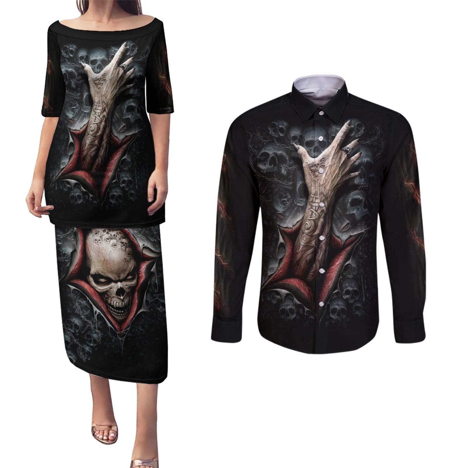 Skull Couples Matching Puletasi Dress and Long Sleeve Button Shirts Skeleton Ripped inside - Wonder Print Shop