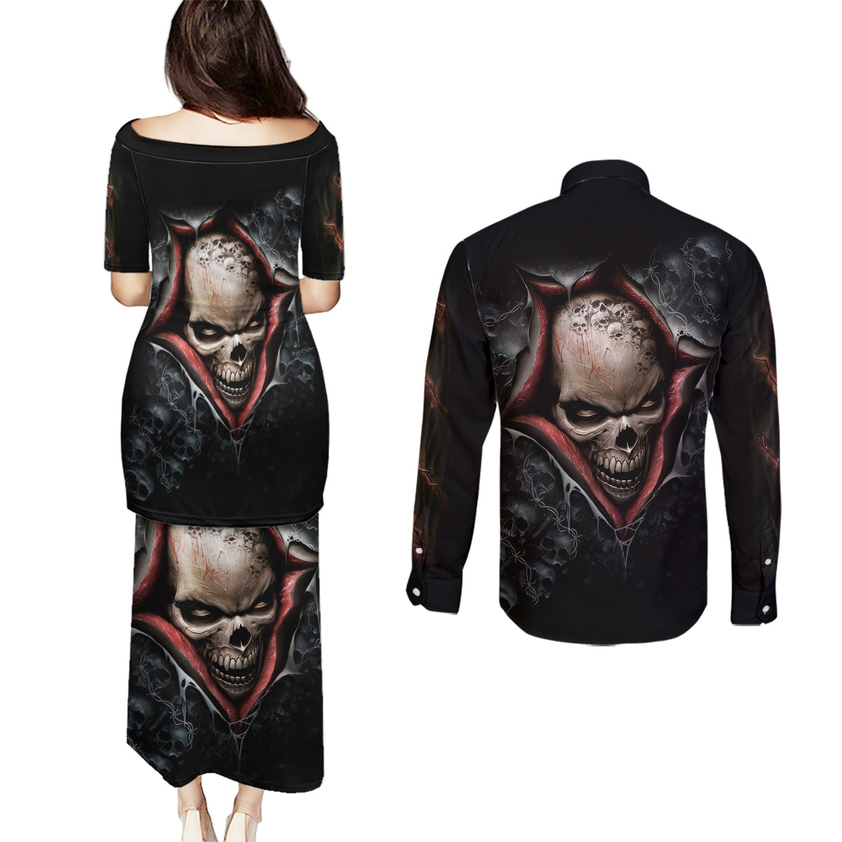 Skull Couples Matching Puletasi Dress and Long Sleeve Button Shirts Skeleton Ripped inside - Wonder Print Shop
