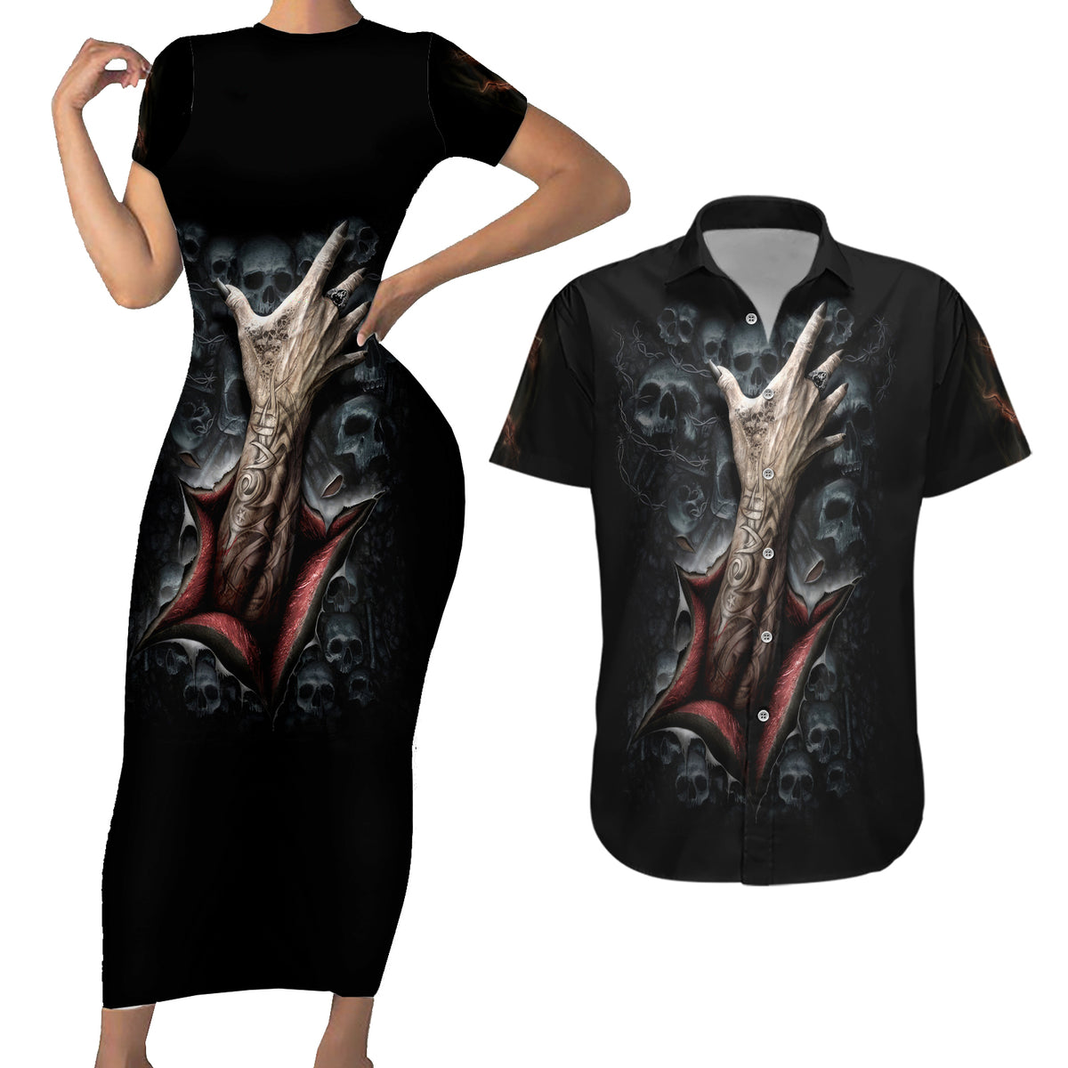 Skull Couples Matching Short Sleeve Bodycon Dress and Hawaiian Shirt Skeleton Ripped inside - Wonder Print Shop