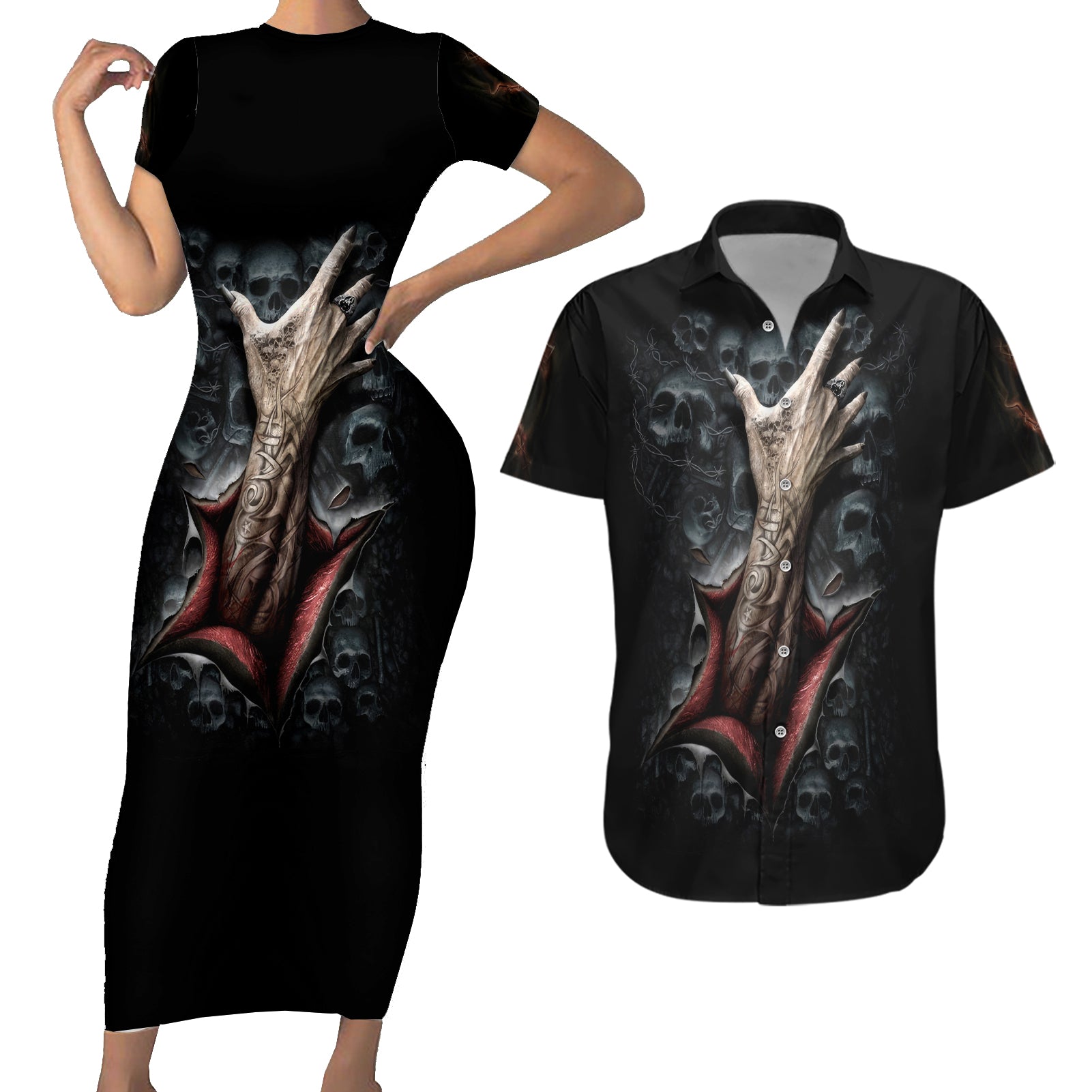 Skull Couples Matching Short Sleeve Bodycon Dress and Hawaiian Shirt Skeleton Ripped inside - Wonder Print Shop
