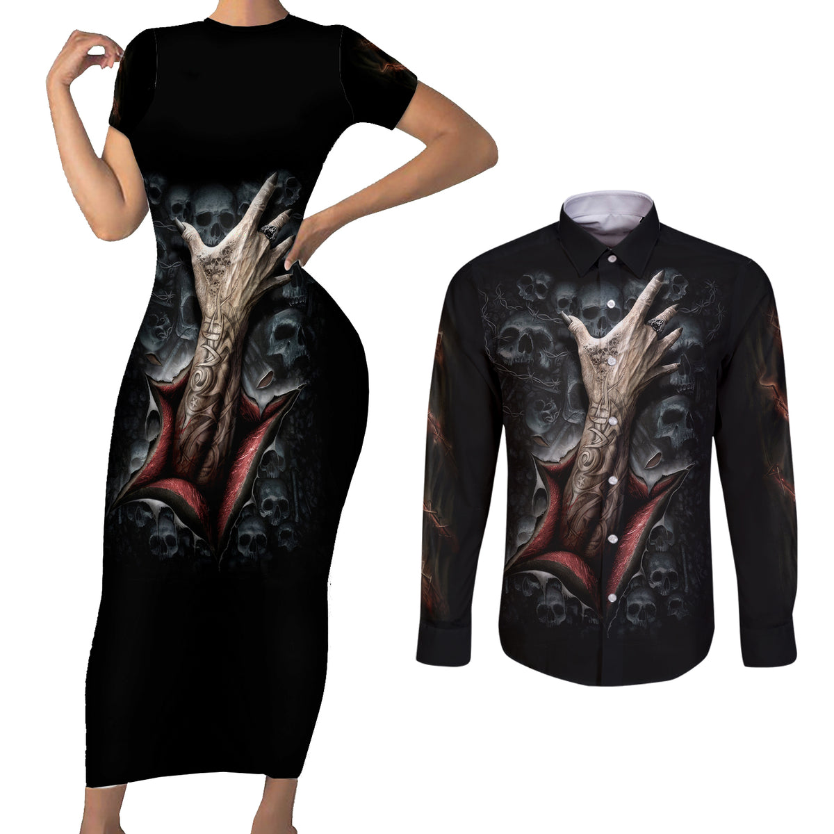 Skull Couples Matching Short Sleeve Bodycon Dress and Long Sleeve Button Shirts Skeleton Ripped inside - Wonder Print Shop