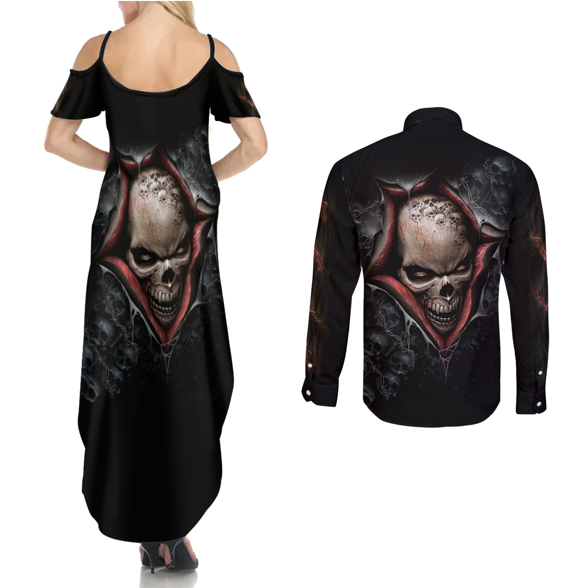 Skull Couples Matching Summer Maxi Dress and Long Sleeve Button Shirts Skeleton Ripped inside - Wonder Print Shop