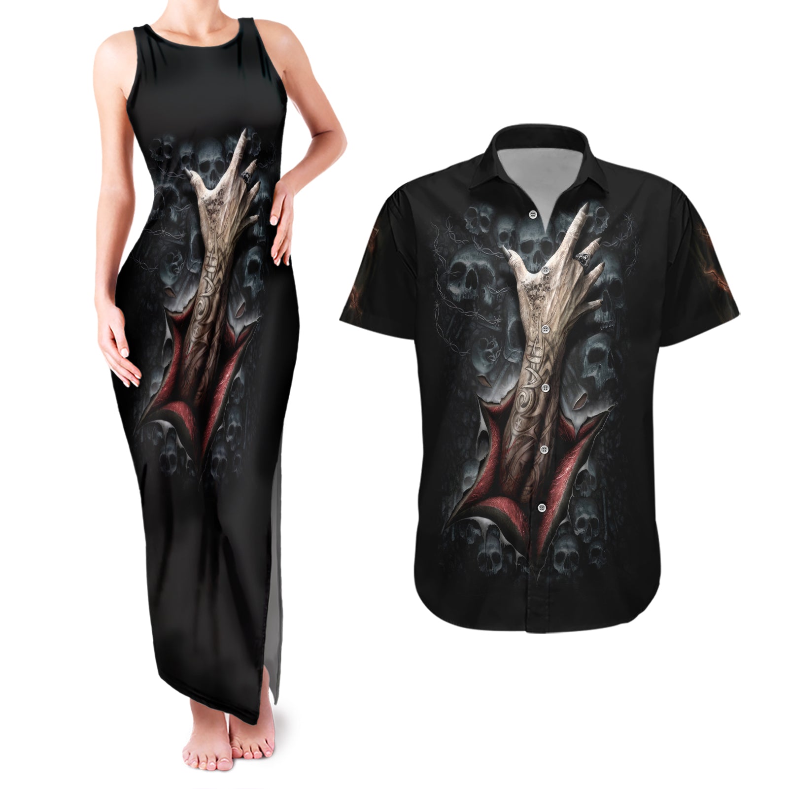 Skull Couples Matching Tank Maxi Dress And Hawaiian Shirt Skeleton Ripped inside - Wonder Print Shop