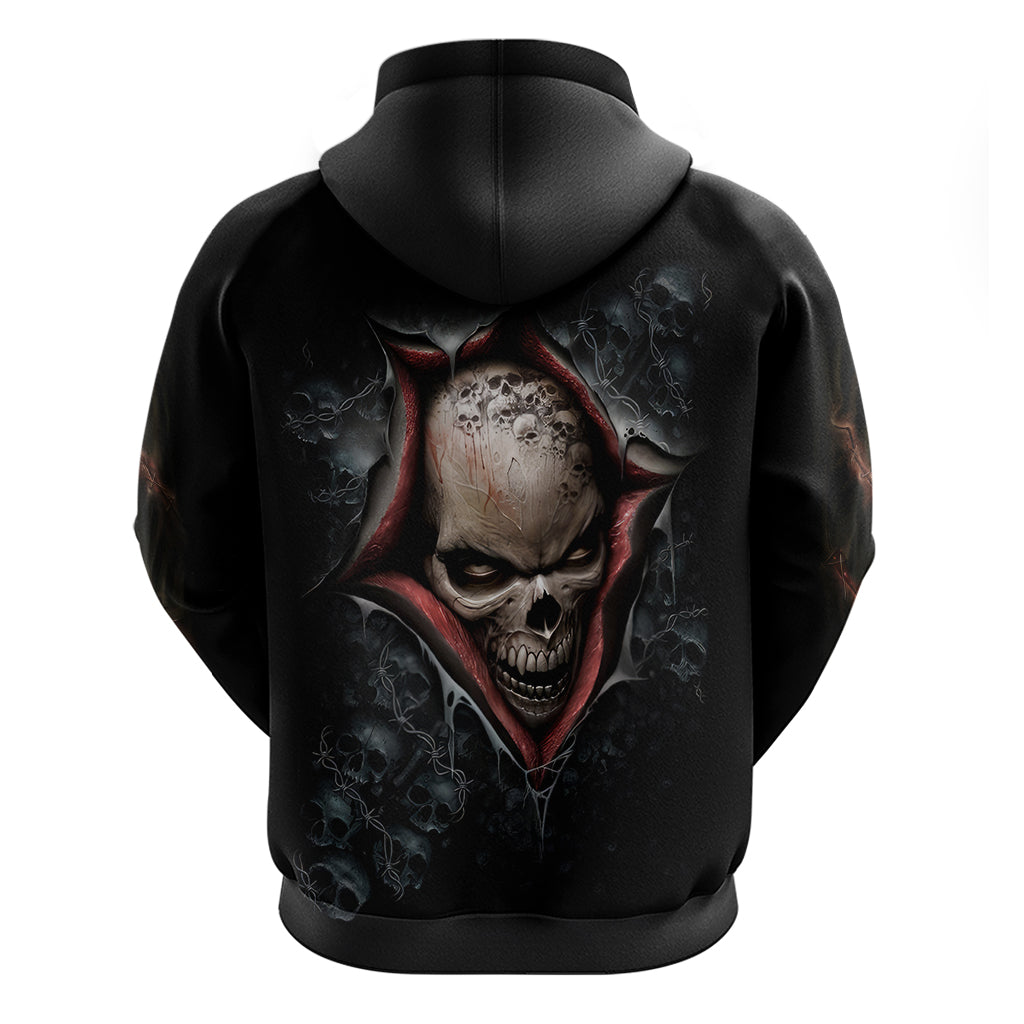 Black pullover hoodie with back skull graphic, hood and drawstrings, long sleeves