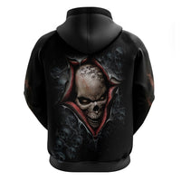 Black pullover hoodie with back skull graphic, hood and drawstrings, long sleeves