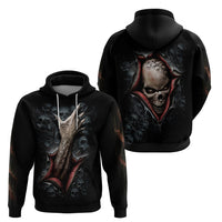 Black pullover hoodie front and back views with skull graphic and ripped skeleton design