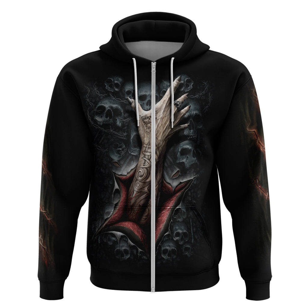Black pullover hoodie with vertical skull-and-skeleton artwork on the front, hood and drawstrings