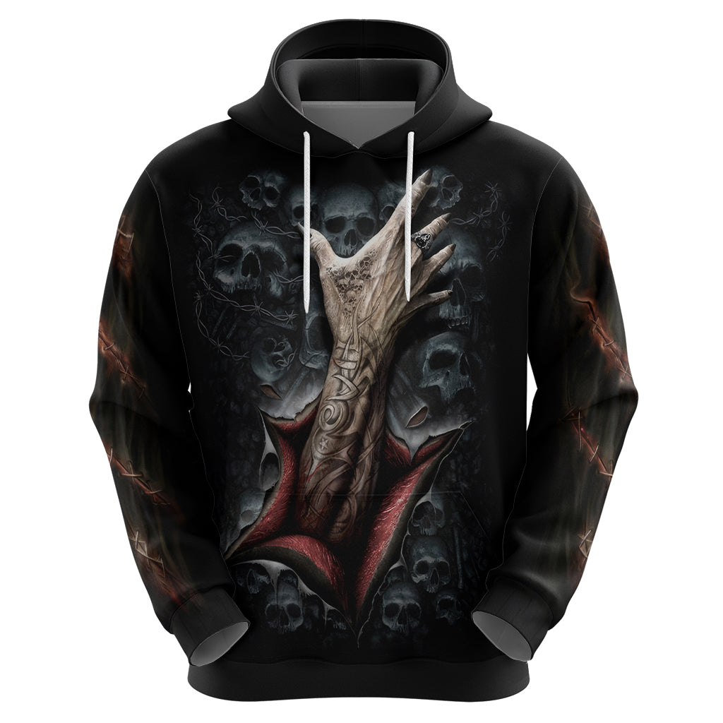 Black pullover hoodie with large front skull and ribcage graphic, hood and drawstrings