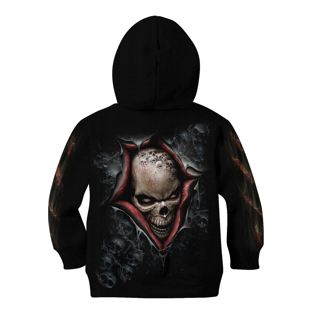 Black zip hoodie with scary skull graphic on back, hood and long sleeves.