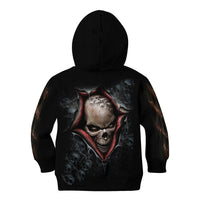 Black zip hoodie with scary skull graphic on back, hood and long sleeves.