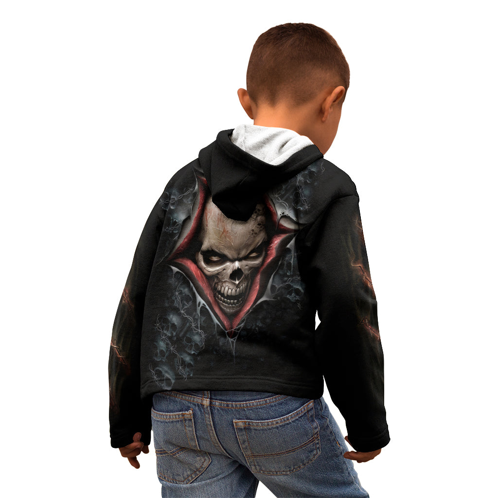 Black hoodie on child model, back view with skull graphic and hood up.