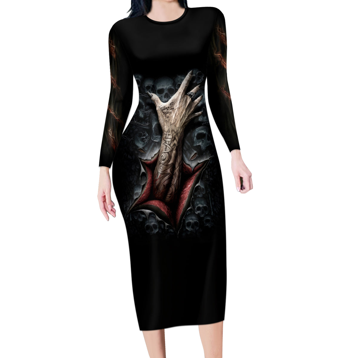 Skull Long Sleeve Bodycon Dress Skeleton Ripped inside - Wonder Print Shop