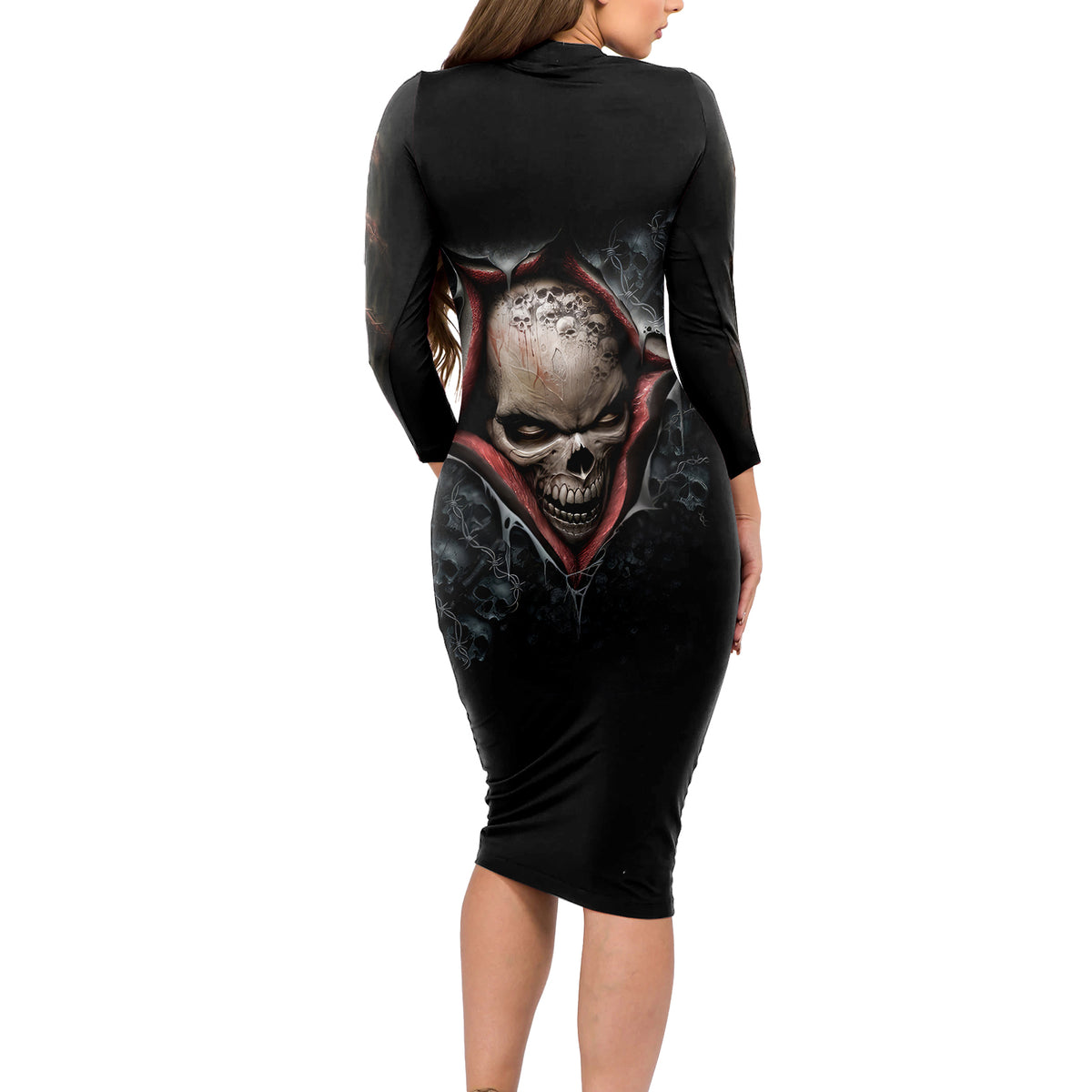 Skull Long Sleeve Bodycon Dress Skeleton Ripped inside - Wonder Print Shop