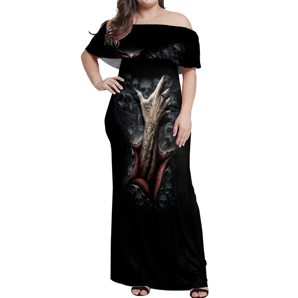 Skull Off Shoulder Maxi Dress Skeleton Ripped inside - Wonder Print Shop