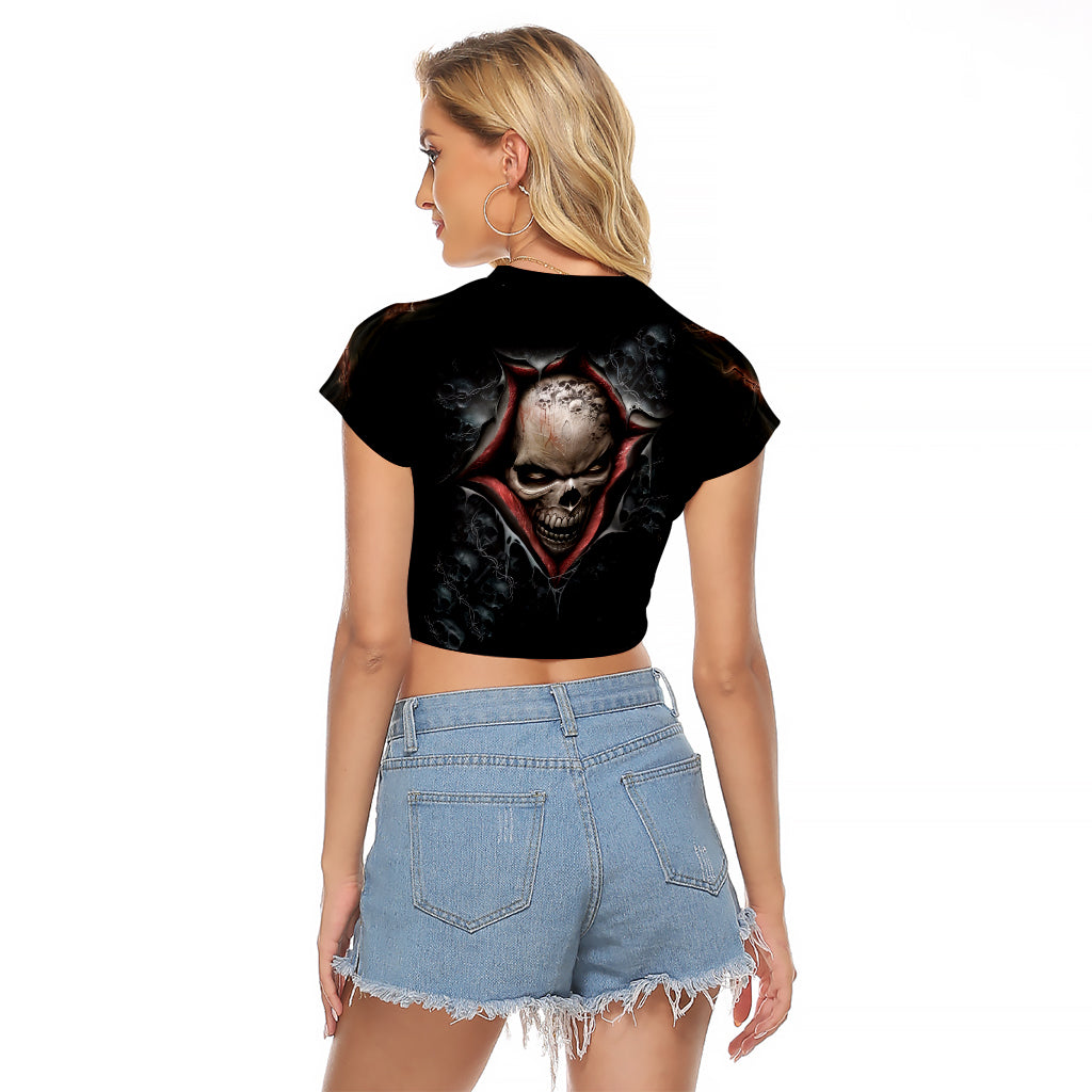 Skull Raglan Cropped T Shirt Skeleton Ripped inside - Wonder Print Shop