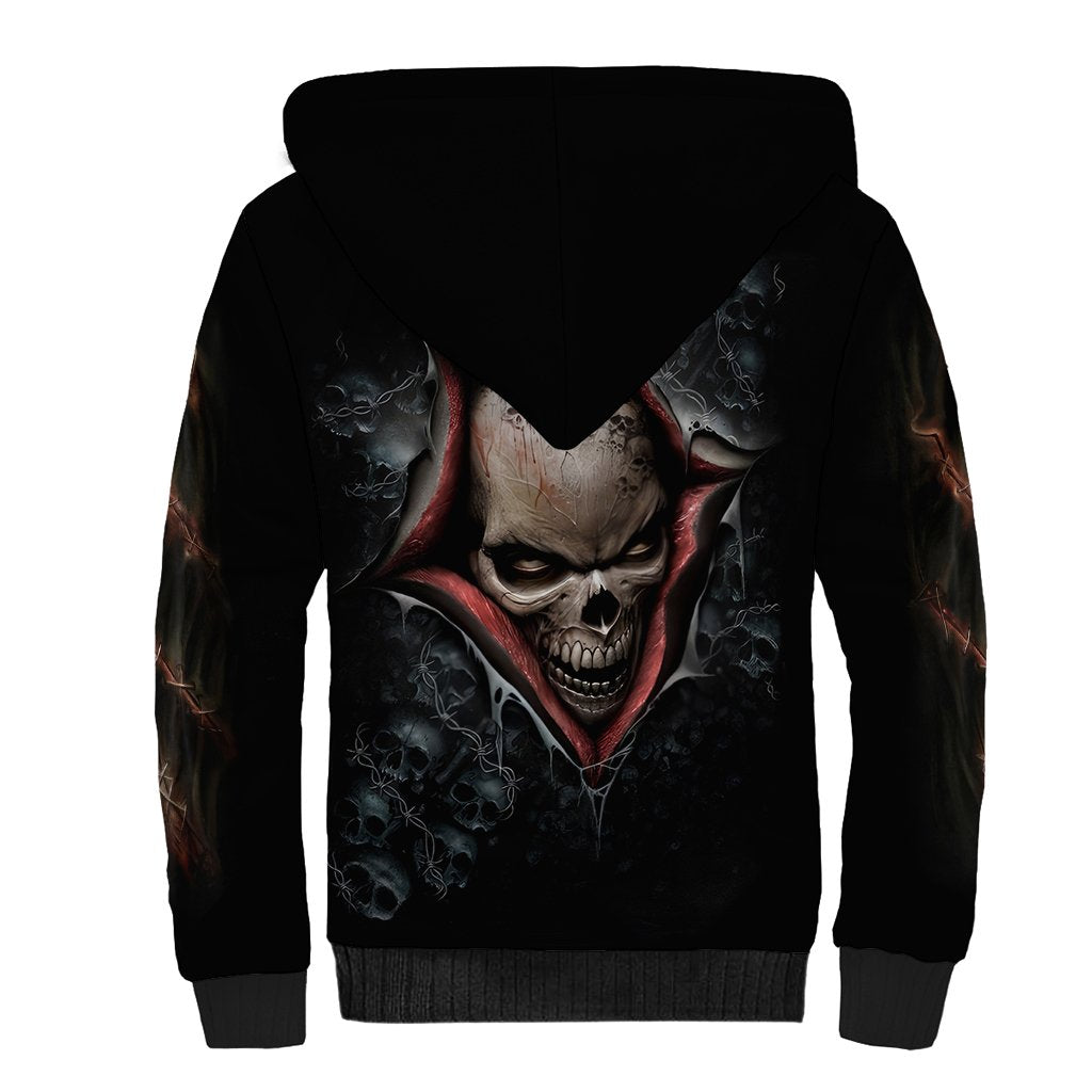 Black unisex sherpa hoodie with large skull graphic on back, fleece-lined hood