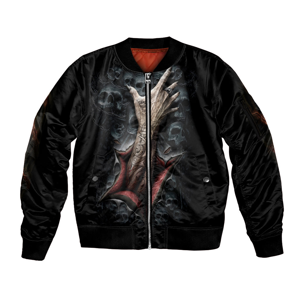 Skull Sleeve Zip Bomber Jacket Skeleton Ripped inside - Wonder Print Shop