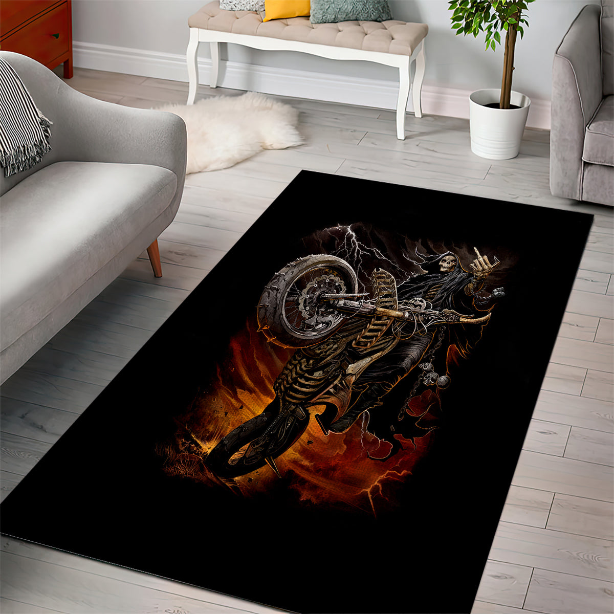 Flaming Skull Area Rug Death Angel Riding Motocycle - Wonder Print Shop