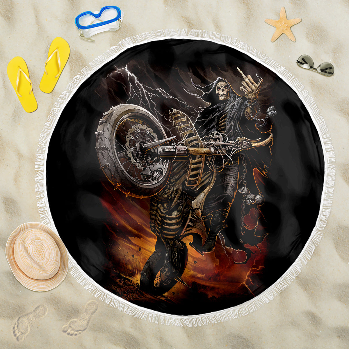 Flaming Skull Beach Blanket Death Angel Riding Motocycle - Wonder Print Shop