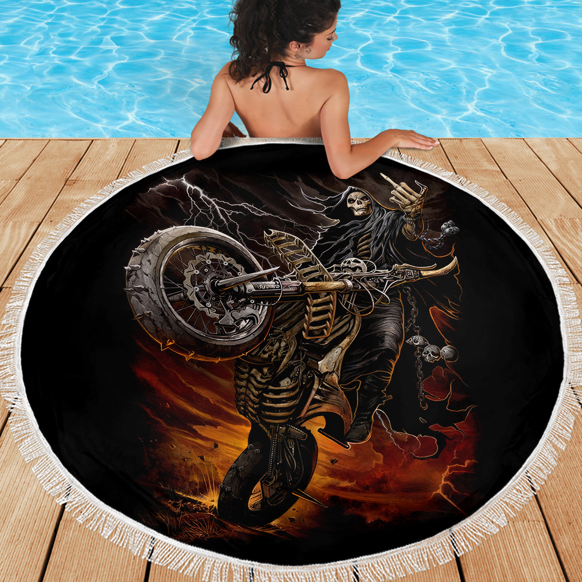 Flaming Skull Beach Blanket Death Angel Riding Motocycle - Wonder Print Shop