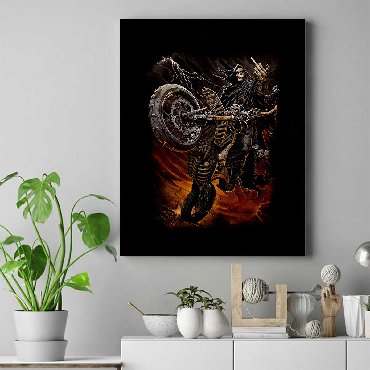 Flaming Skull Canvas Wall Art Death Angel Riding Motocycle - Wonder Print Shop