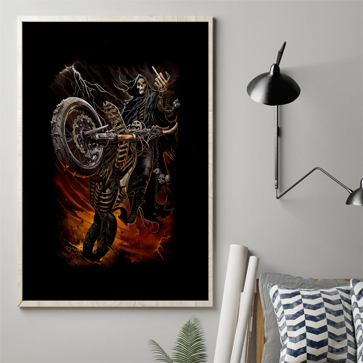 Flaming Skull Canvas Wall Art Death Angel Riding Motocycle - Wonder Print Shop