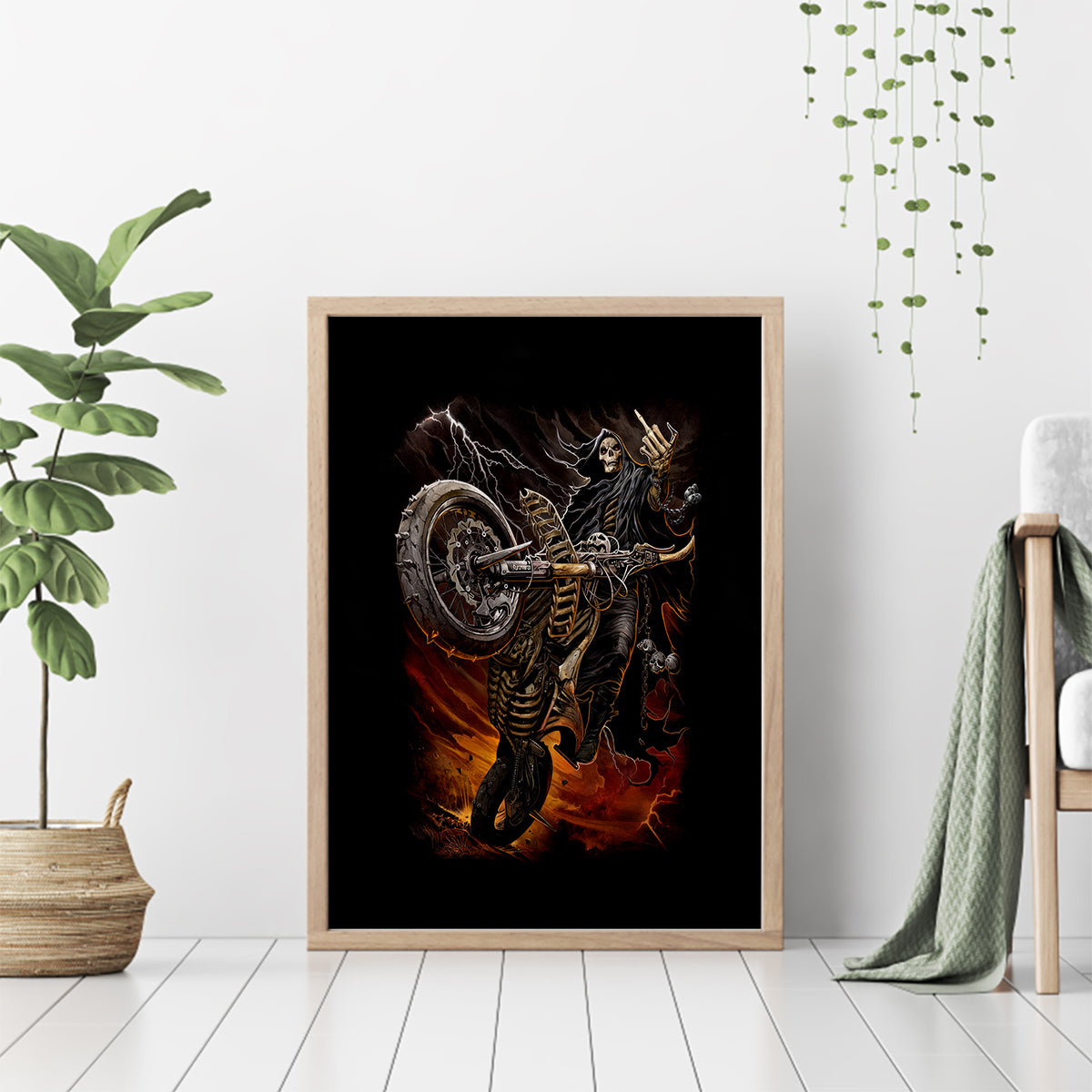 Flaming Skull Canvas Wall Art Death Angel Riding Motocycle - Wonder Print Shop