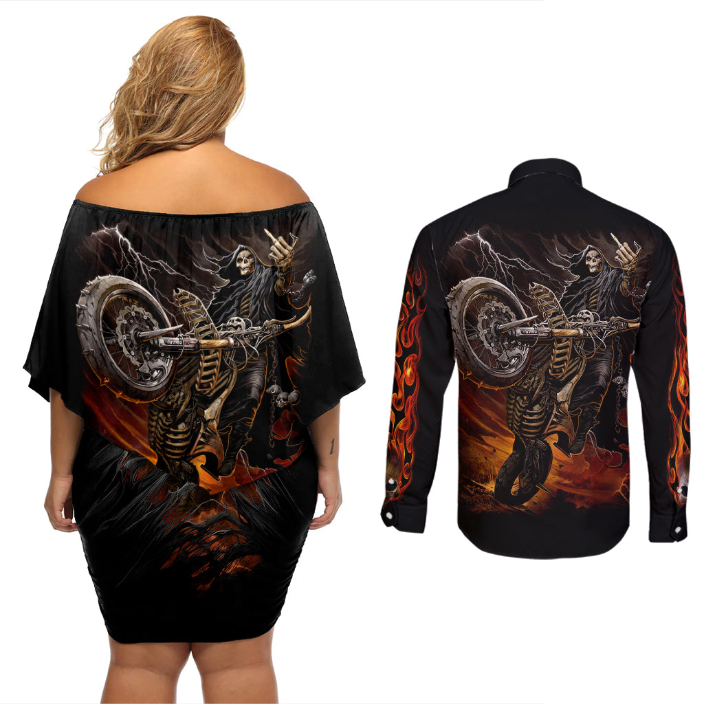 Flaming Skull Couples Matching Off Shoulder Short Dress and Long Sleeve Button Shirts Death Angel Riding Motocycle - Wonder Print Shop