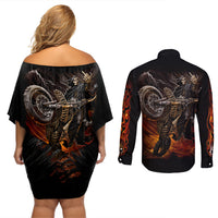 Flaming Skull Couples Matching Off Shoulder Short Dress and Long Sleeve Button Shirts Death Angel Riding Motocycle - Wonder Print Shop