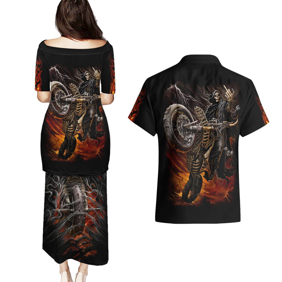Flaming Skull Couples Matching Puletasi Dress and Hawaiian Shirt Death Angel Riding Motocycle - Wonder Print Shop