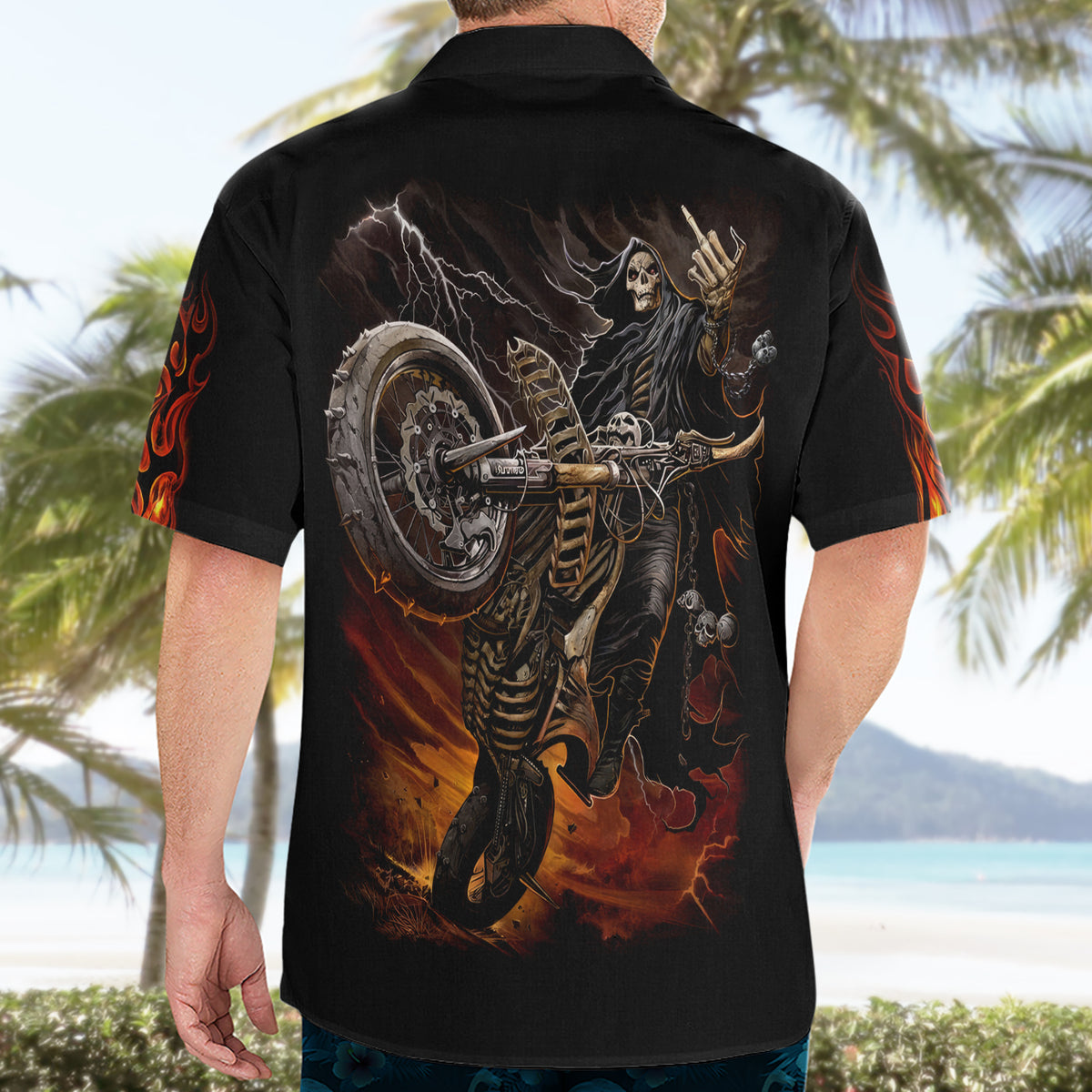 Flaming Skull Hawaiian Shirt Death Angel Riding Motocycle - Wonder Print Shop