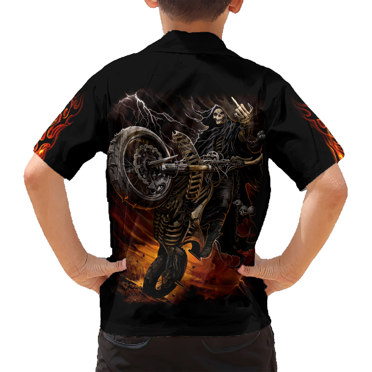 Flaming Skull Hawaiian Shirt Death Angel Riding Motocycle - Wonder Print Shop