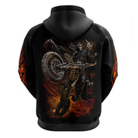 Black pullover hoodie with back graphic of skeleton biker holding a motorcycle and flames