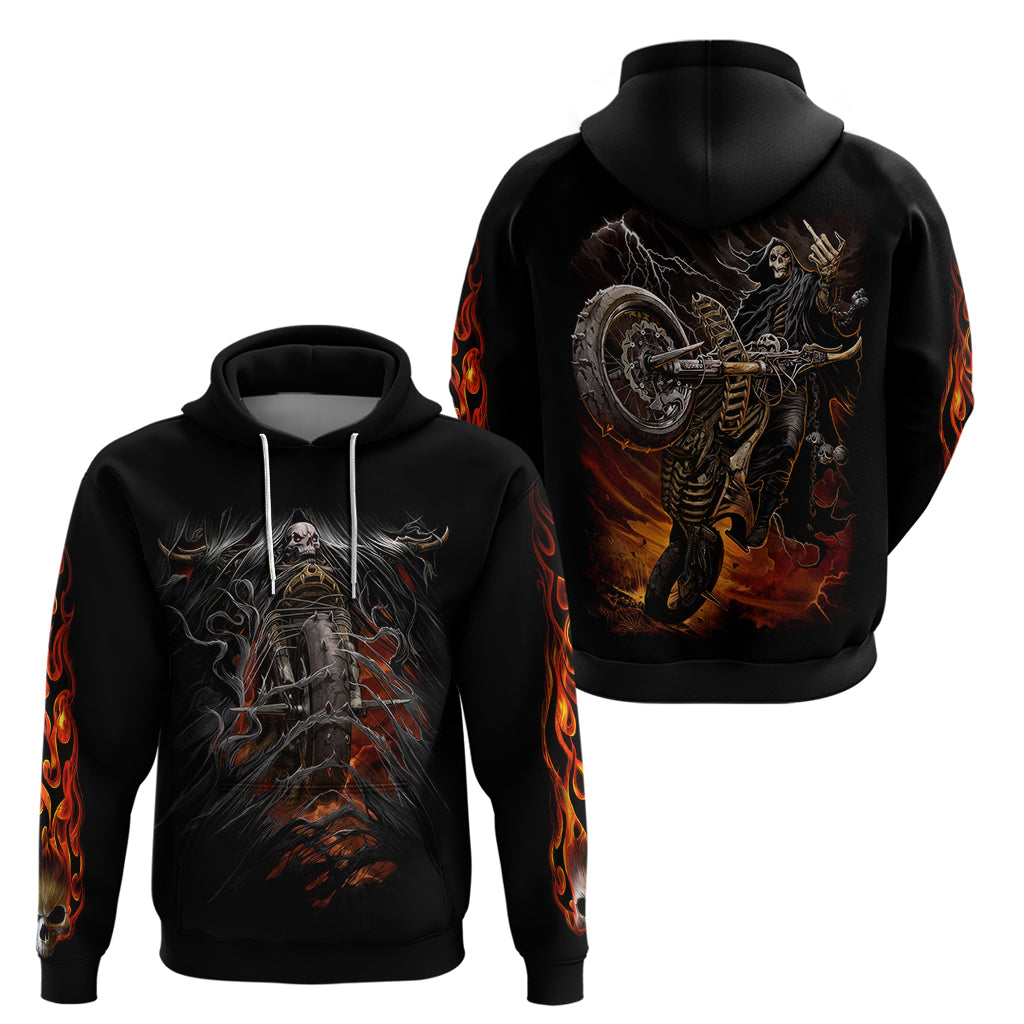 Black pullover hoodie showing front and back skeleton biker motorcycle graphics with flames