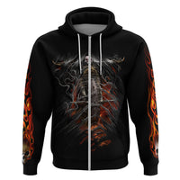Black pullover hoodie front view with centered skeleton biker motorcycle graphic and flame sleeves
