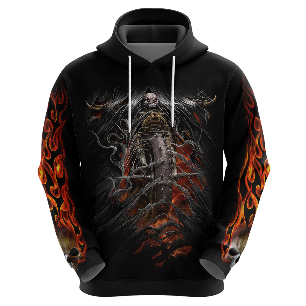 Black pullover hoodie with biker skeleton on motorcycle graphic and flaming side sleeve prints