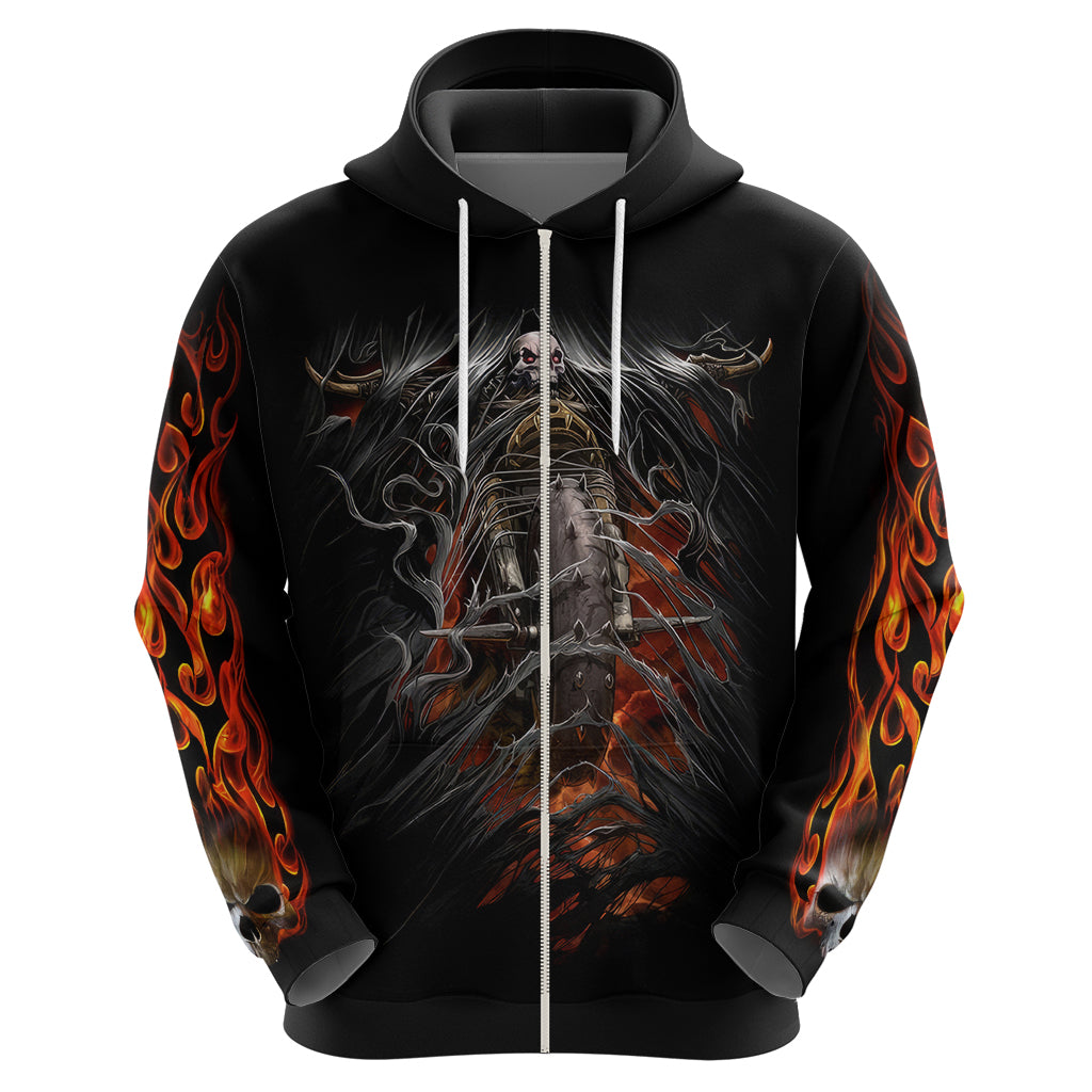 Black pullover hoodie with centered biker skeleton motorcycle artwork and flame-pattern sleeves