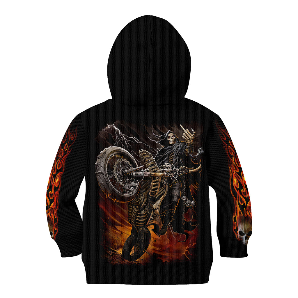 Black pullover hoodie with flame skull and motorcycle graphic on back