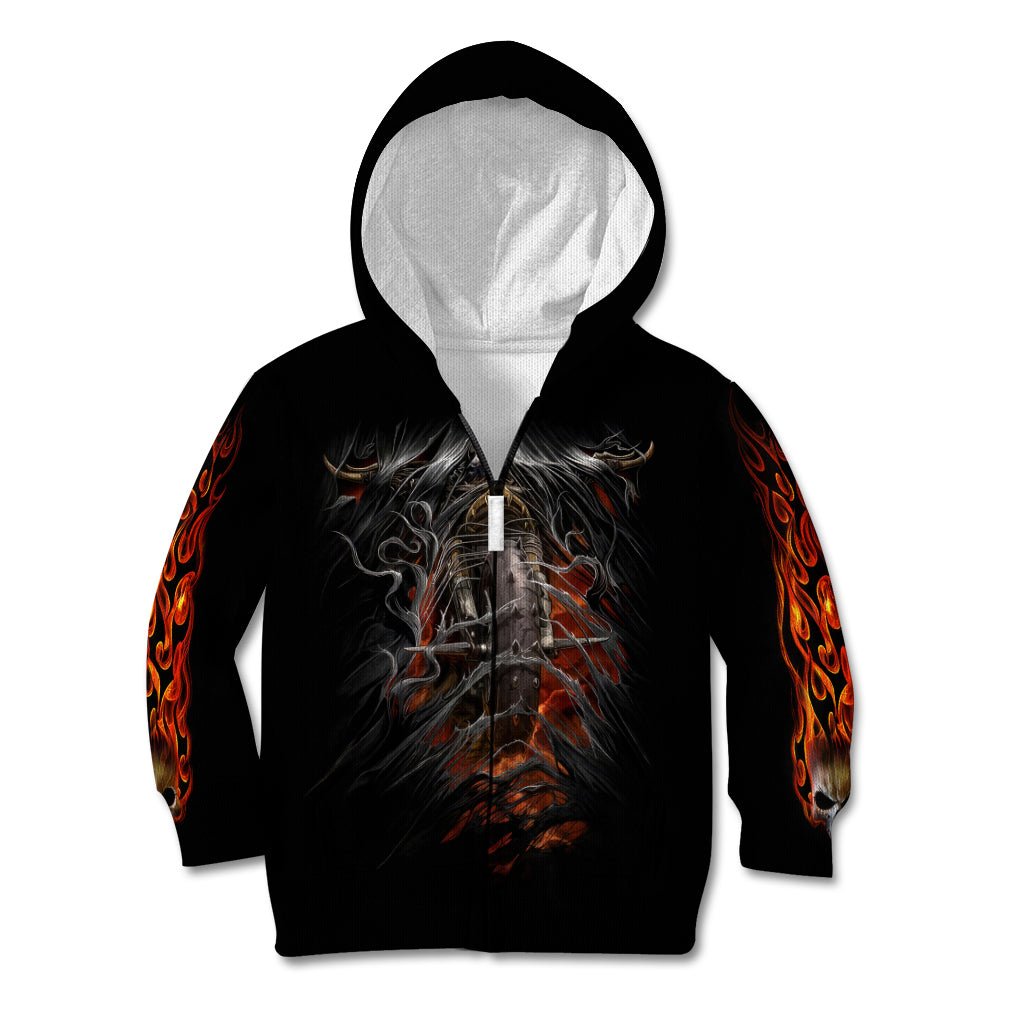 Black zip hoodie with flame skull and motorcycle graphic on front