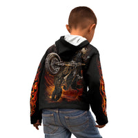 Child wearing black graphic hoodie with back flame skull motorcycle artwork