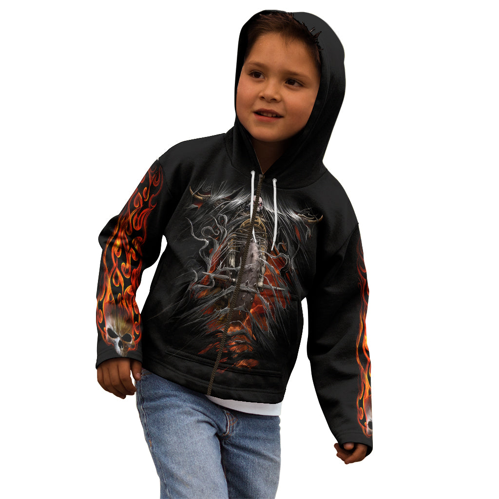 Black zip hoodie worn by child with front flame skull motorcycle artwork