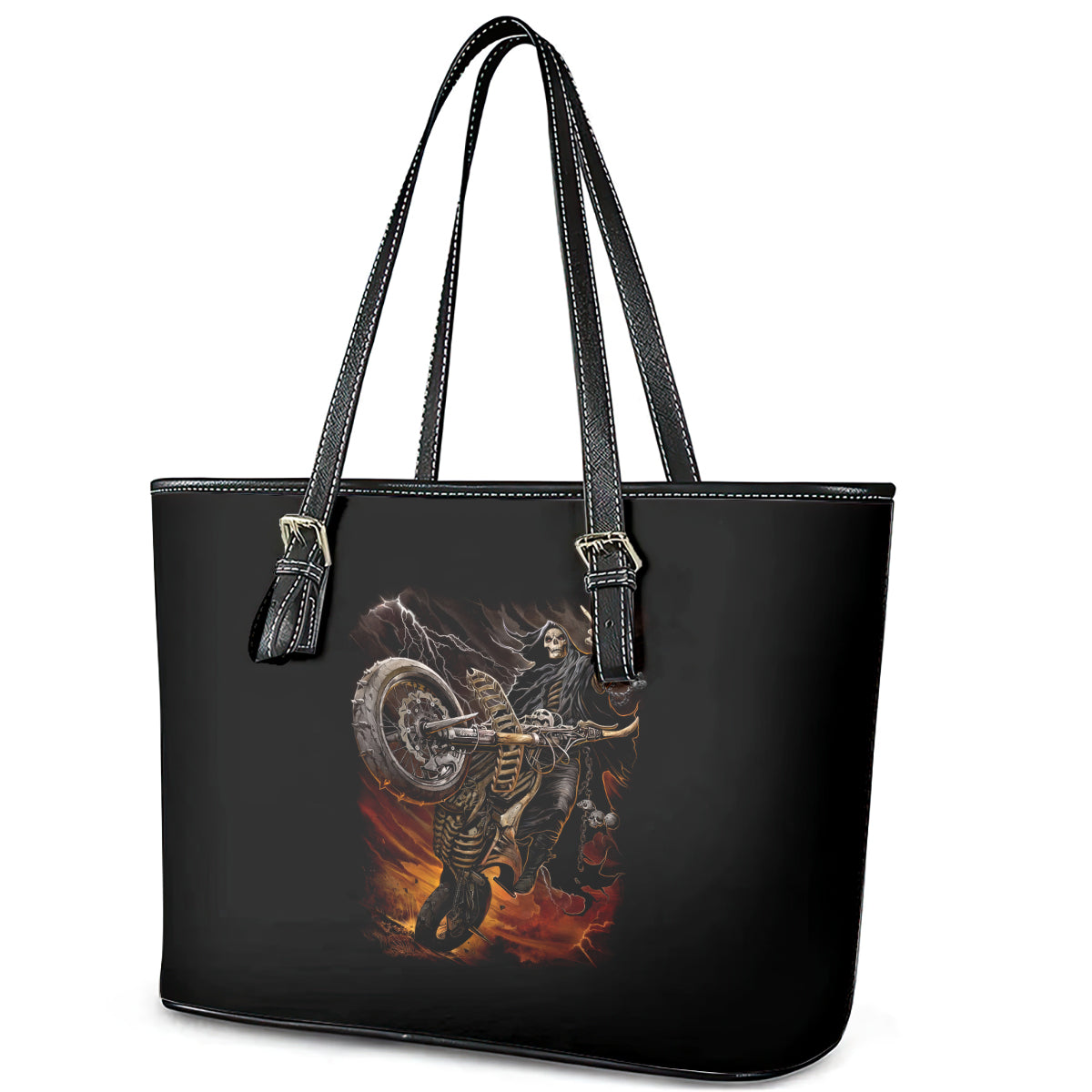 Flaming Skull Leather Tote Bag Death Angel Riding Motocycle - Wonder Print Shop