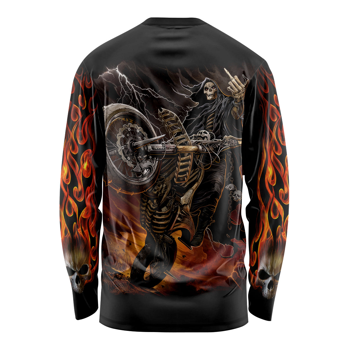 Flaming Skull Long Sleeve Shirt Death Angel Riding Motocycle - Wonder Print Shop