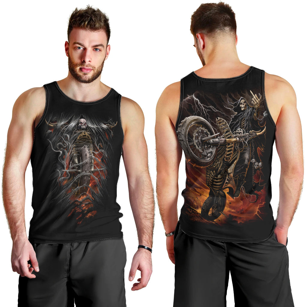 Flaming Skull Men Tank Top Death Angel Riding Motocycle DT01