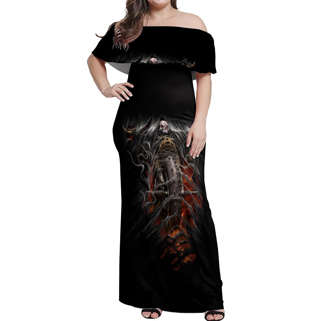Flaming Skull Off Shoulder Maxi Dress Death Angel Riding Motocycle - Wonder Print Shop
